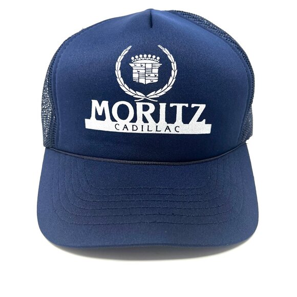 Vintage Moritz Cadillac Mesh Trucker Hat Baseball Cap Snapback Blue Crest Logo - Picture 1 of 8